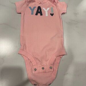 Carter's Bodysuit Baby Girls 6 Month Pink YAY! Design Short Sleeve Bow Lace Neck
